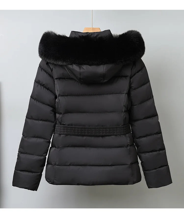 Winter Large Fur Coat Women With Belt Hooded Fur Collar Puffer Jacket Women New Warm Loose Parka Ladies Cotton Padded Overwear