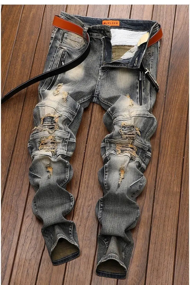 Luxury Men's Classic Jeans Straight Pants Autumn and Winter Retro Ripped Hole Denim Trousers Motorcycle Work Pants for Men