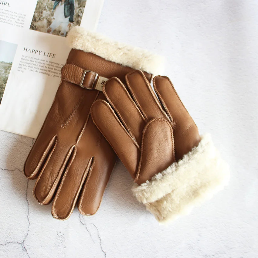 Sheepskin Fur Gloves Men's Thick Winter Warm Large Size Outdoor Windproof Cold Hand Stitching Sewn Leather Finger Gloves