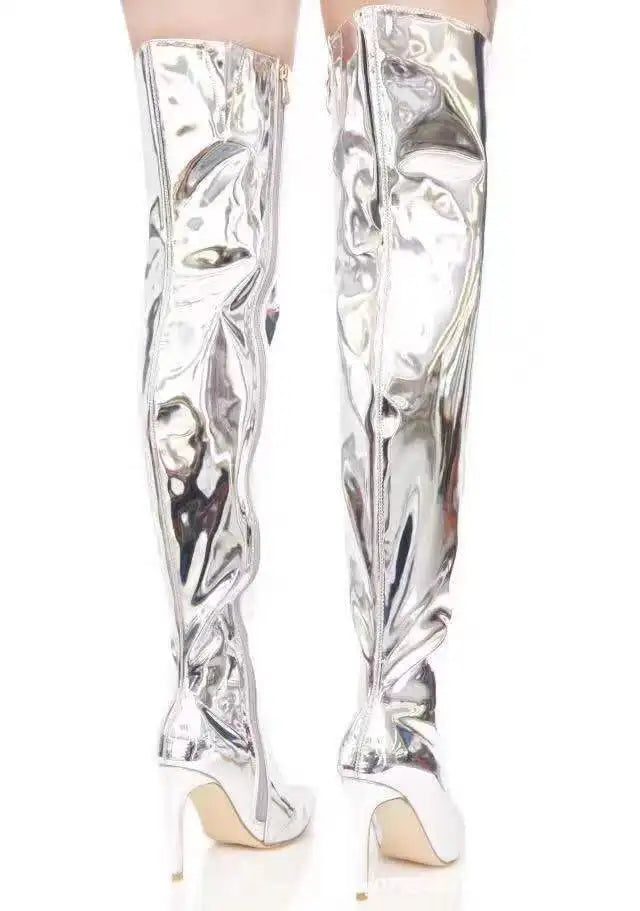 Women Boots Mirror Platform Pointy Toe Punk High Thin Heels Over the Knee Long Boots Autumn Winter Zip Silver Casual Party Shoes