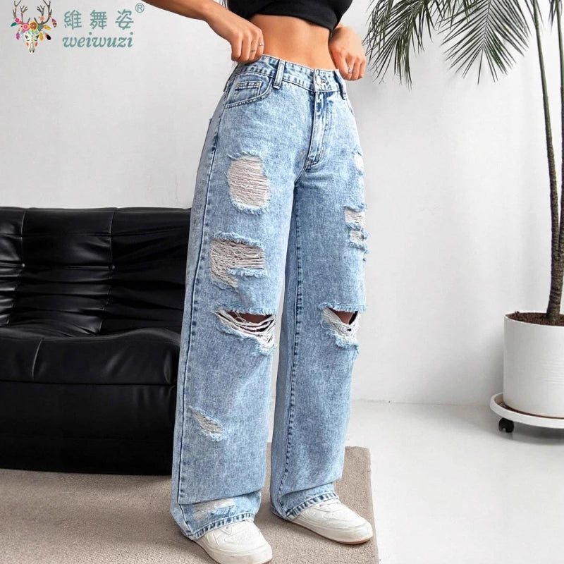 Women's Ripped Boyfriend JEANS Straight Wide-Leg Denim Pants Stretch Holes Denim Trousers Pocket Comfortable High Waist Pants