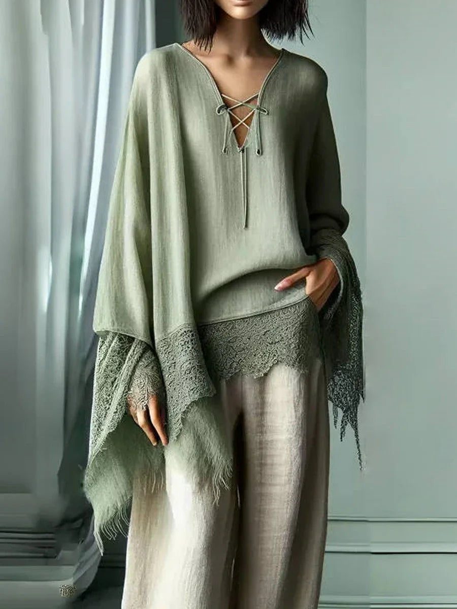 Women's Casual Trousers Fashion Bohemian Ethnic Style Sexy Lace Patchwork Solid Color High Waist Loose Women's Wide-Leg Pants