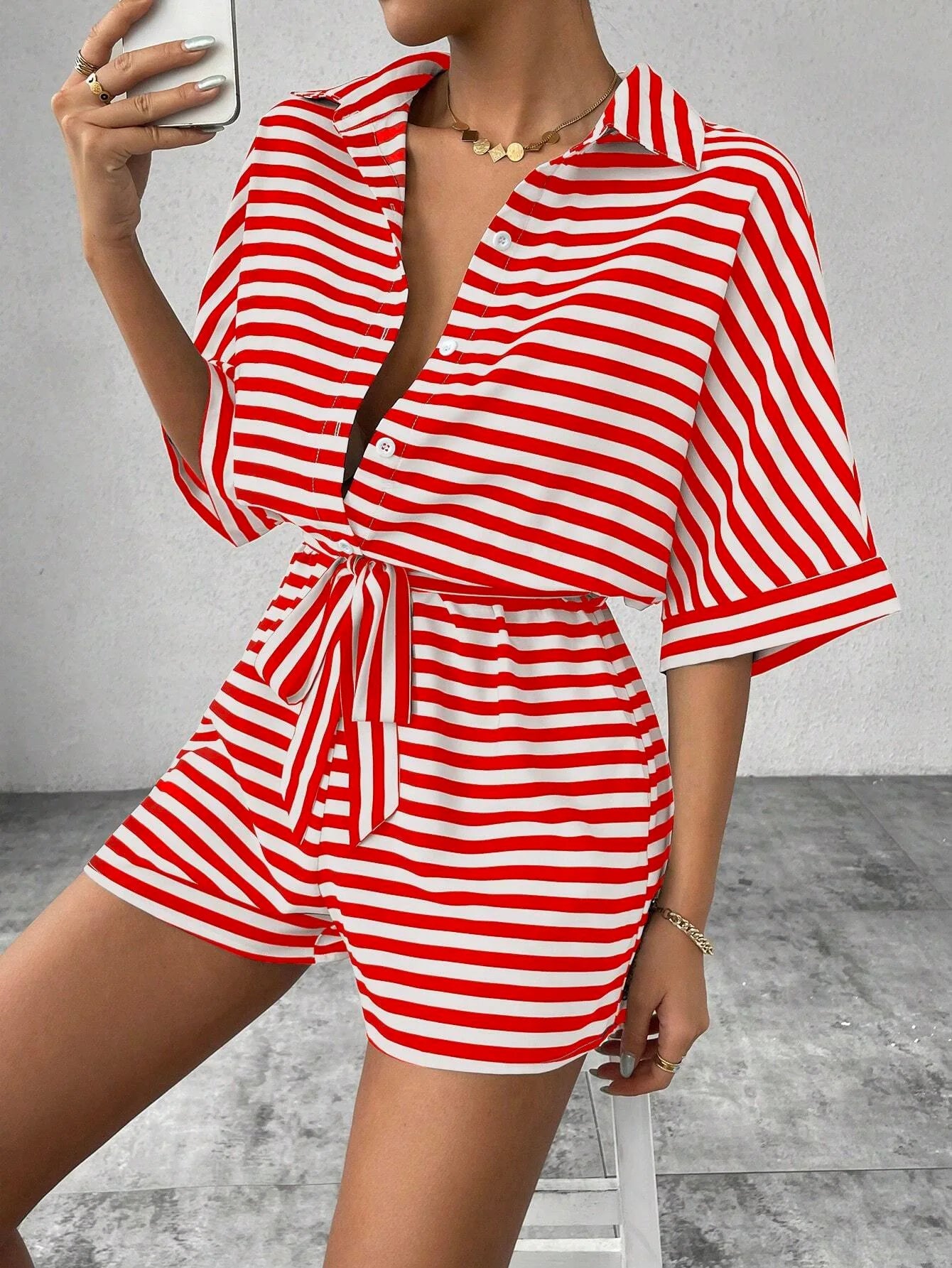 Summer New Set For Women's Casual Loose Comfortable Outfit Fashion Striped Batwing Sleeve Shirt Top+ Shorts 2-piece Sets Woman