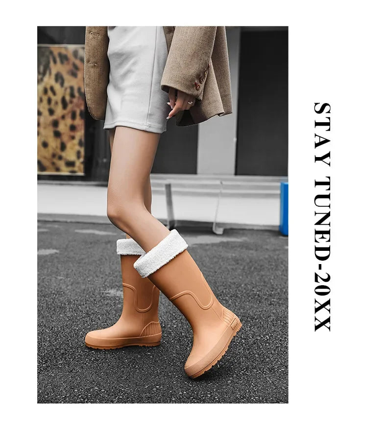 Women's High-Top Rain Boots Spring Autumn Waterproof Slip-Resistant Long Tube Shoes for Outdoor Work PVC Material Knee-High