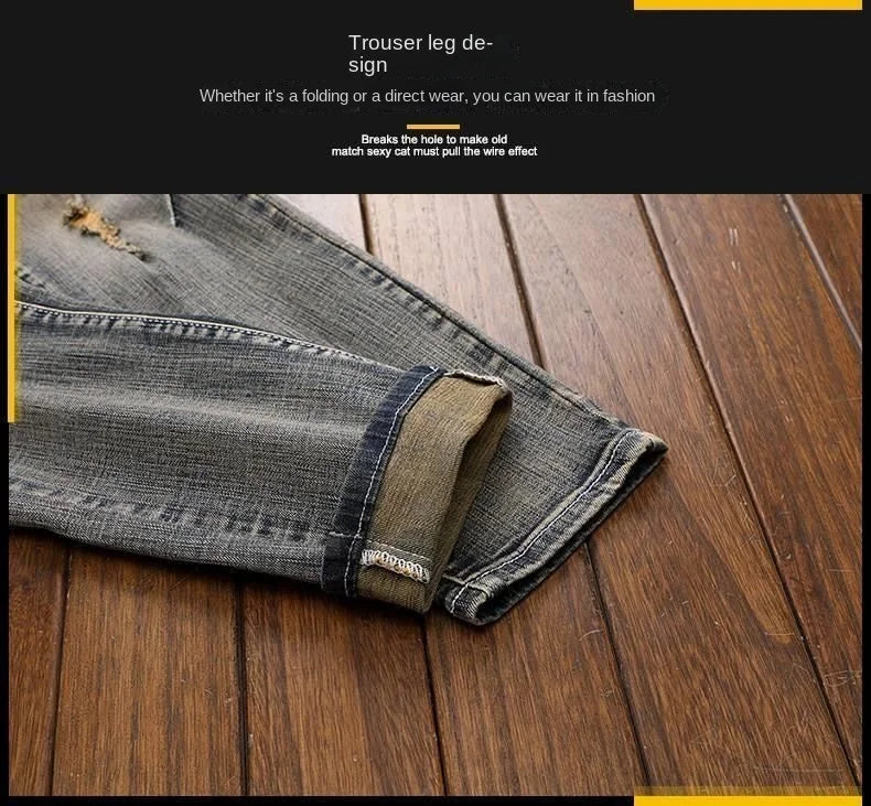 Luxury Men's Classic Jeans Straight Pants Autumn and Winter Retro Ripped Hole Denim Trousers Motorcycle Work Pants for Men