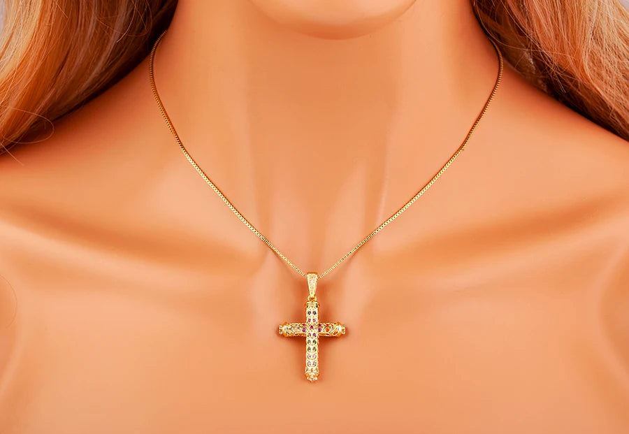 Nidin New Arrival Retro Column Shape Cross Pendant Necklace For Female Male Irregular Geometric Shine Zircon Jewelry Accessories