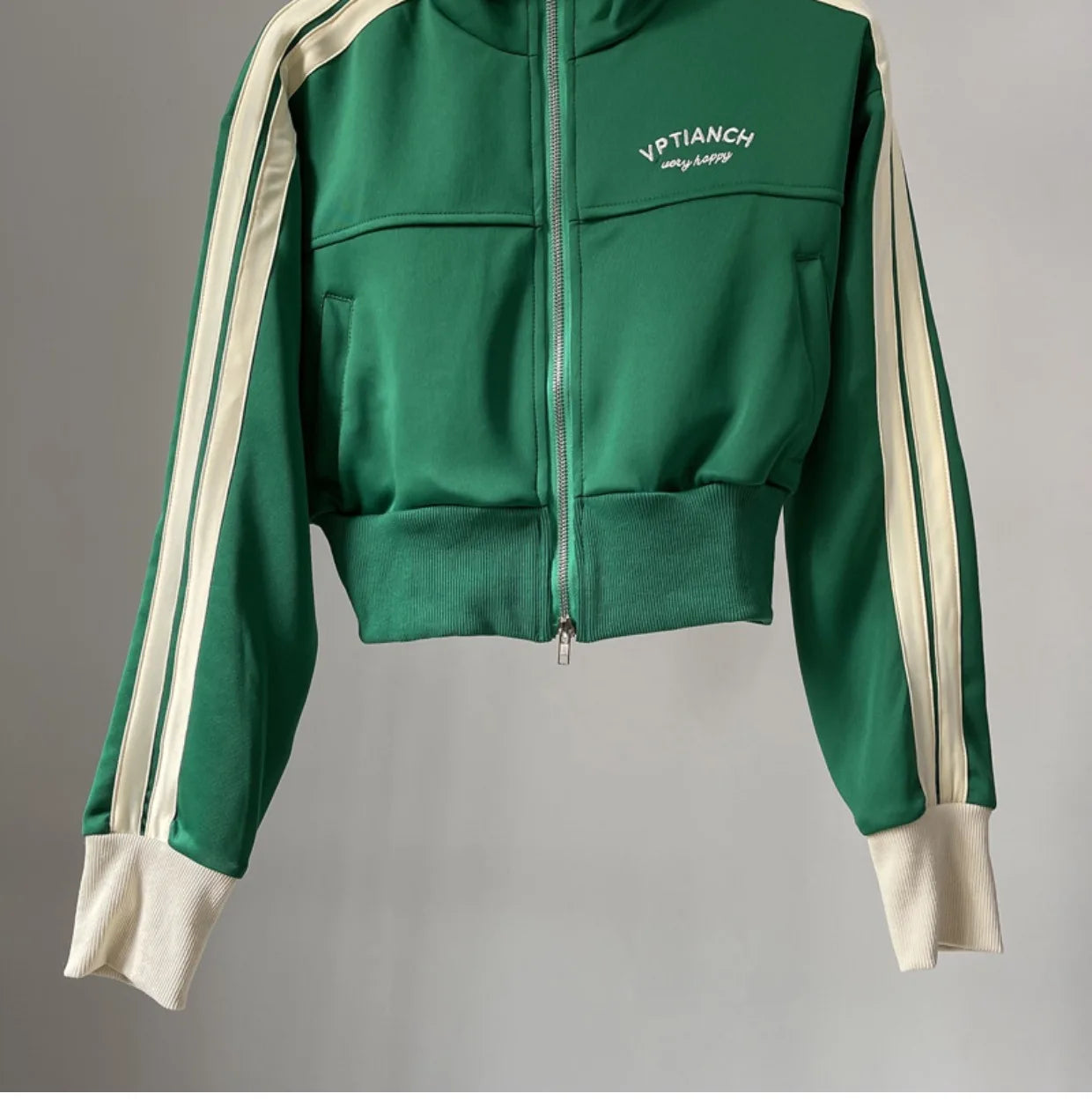 [YOZOU] Spring Double Zipper Baseball Cropped Jacket Women Outerwear Embroidered Striped Green Black White Blue Zip Up Coat