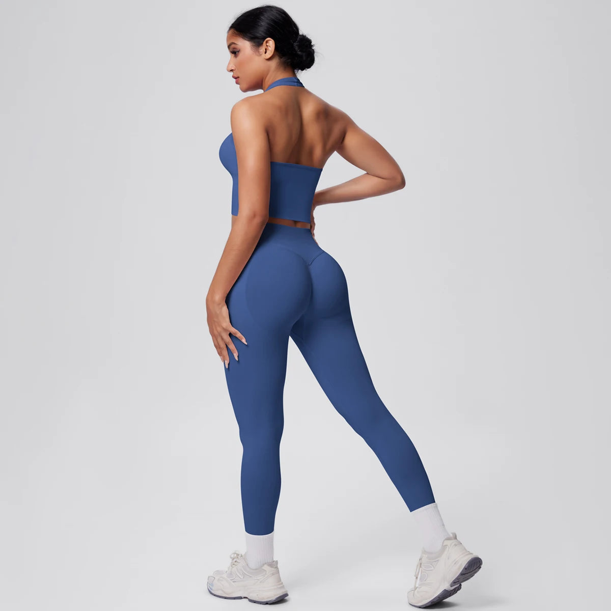 Solid Color Backless Breathable 2pieces Set for Woman High Strength Training Yoga Set Hanging Neck Bra Gym Push Up Fitness Pants