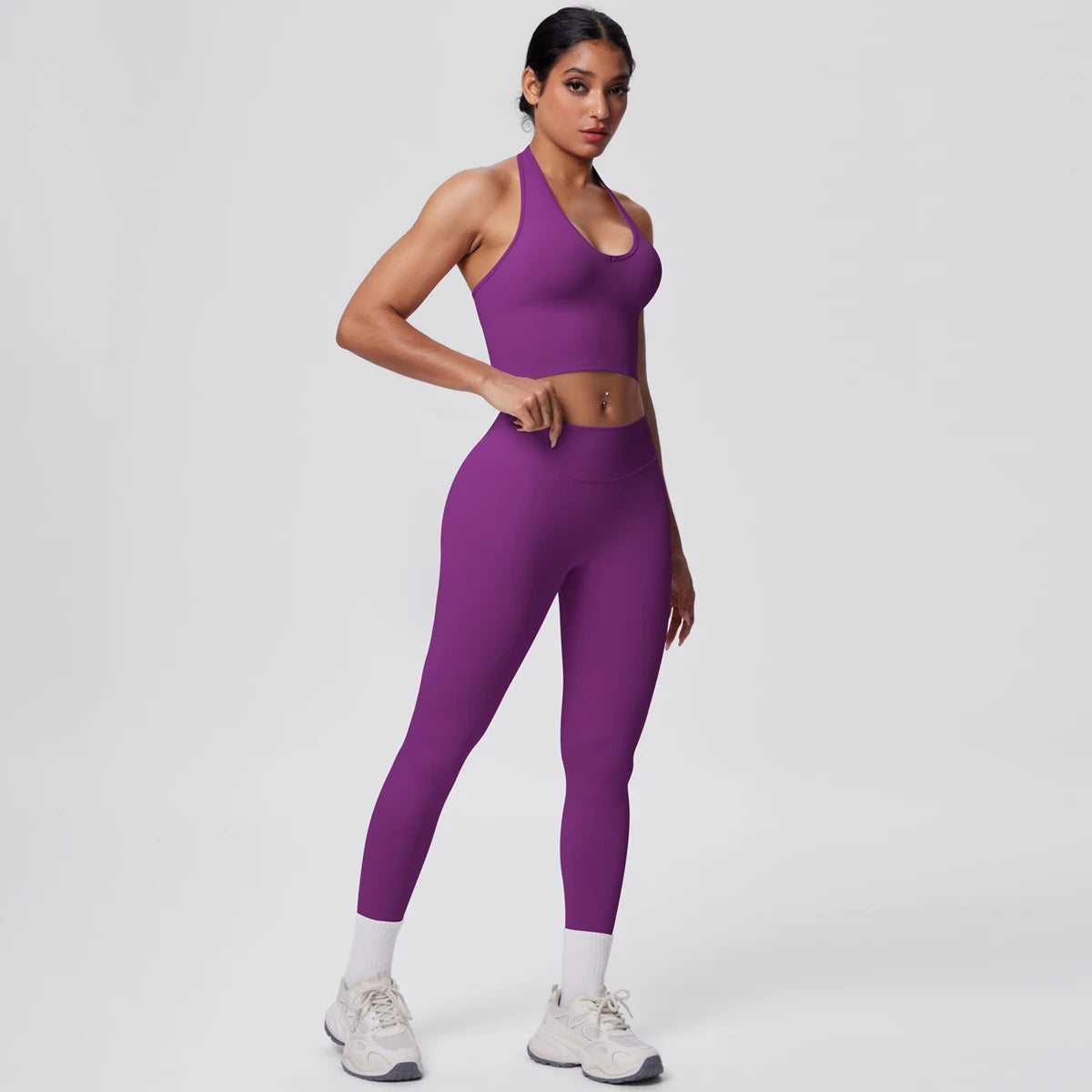 Solid Color Backless Breathable 2pieces Set for Woman High Strength Training Yoga Set Hanging Neck Bra Gym Push Up Fitness Pants