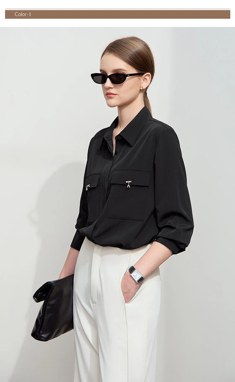 AMII Minimalist Chiffon Shirt Women 2025 Spring New Temperament Gentle Lapel Bamboo Work Pocket Concealed Button Tops 12521032