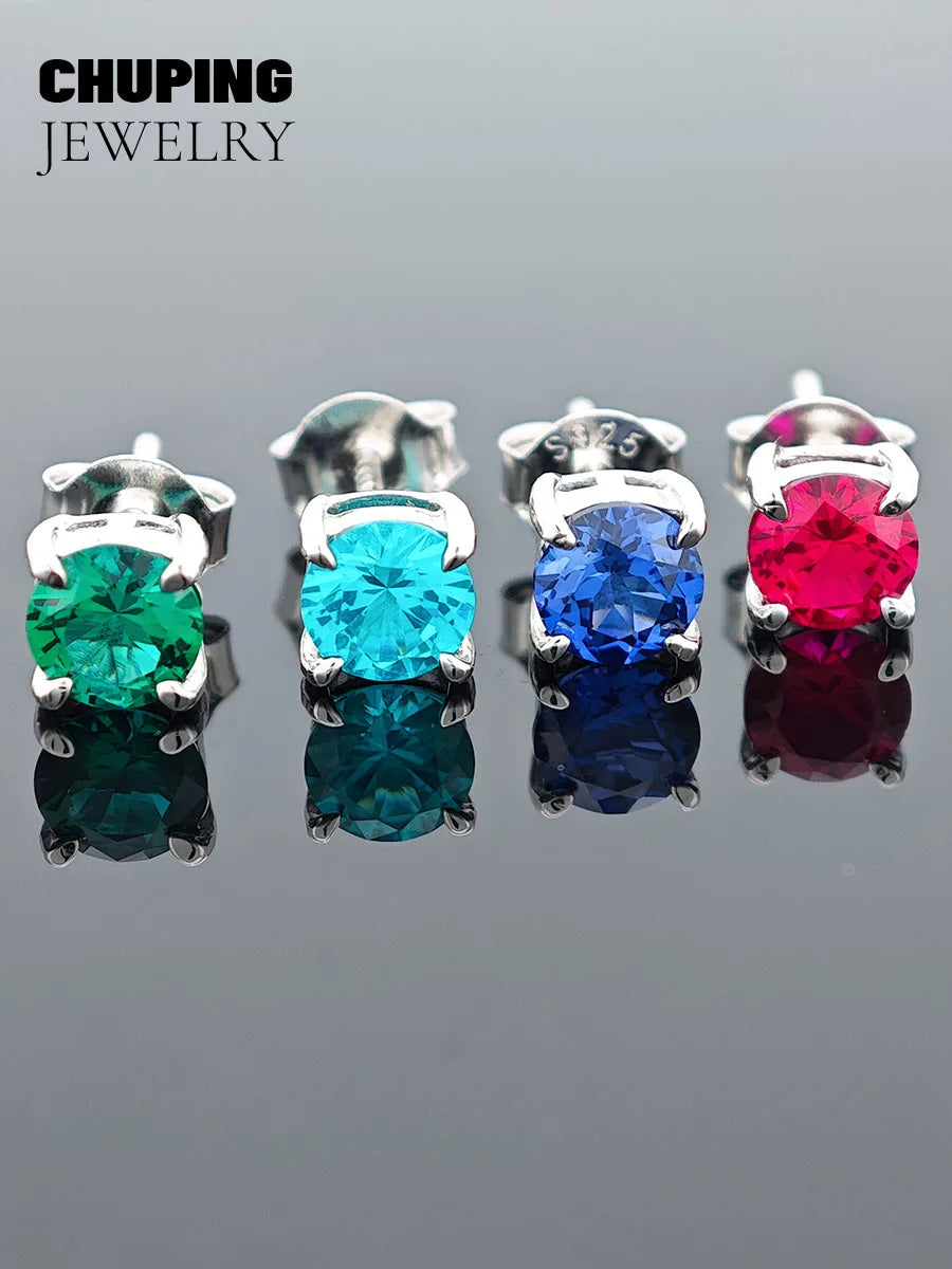 ChuPing Fine Jewelry Lab Grown Emerald Round Shape S925 Silver Earring for Women Evening Party Valentine's Day Or Birthday Gift