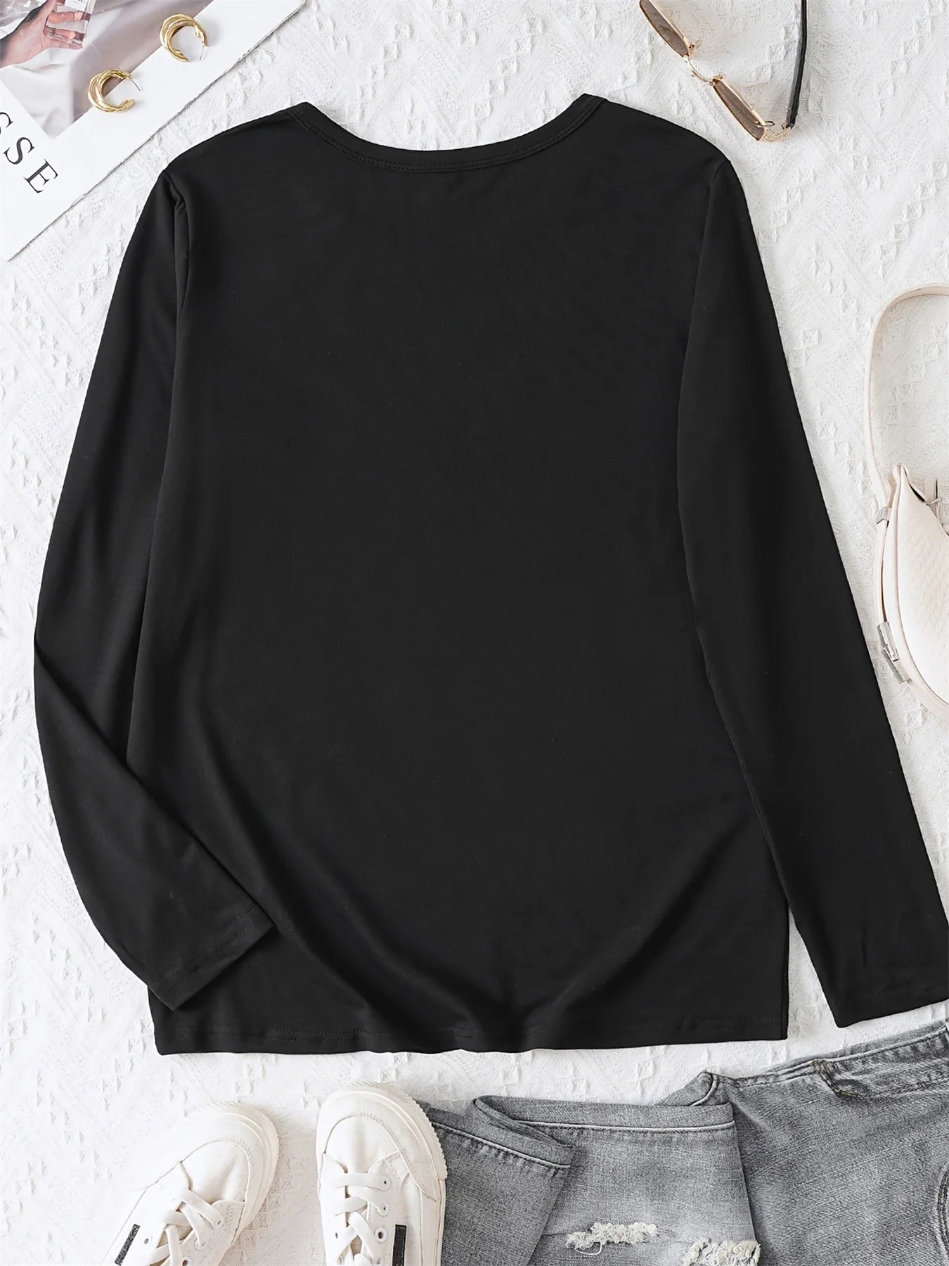 100% pure cotton women's spring and autumn comfortable casual long sleeved Houston letter graphic printed round neck T-shirt