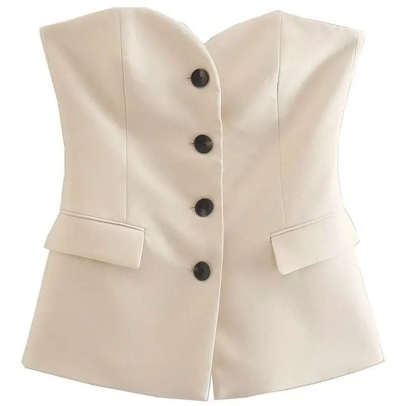 HH 2024 Women Solid Tube Top Pant Suit Sleeveless Off Shoulder Single Breasted Tube Top+All-match Straight Trousers Set TRAF
