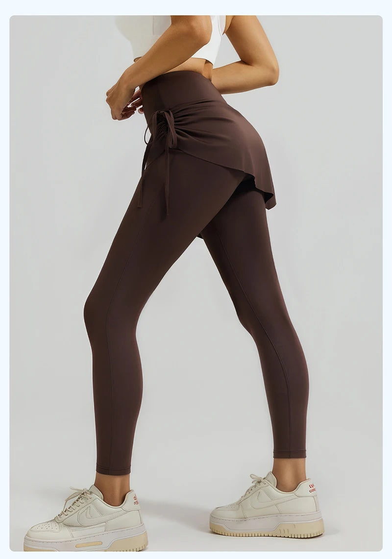 BIVIGAOS New Spring Drawstring Pleated Yoga Leggings Skirt Pants Fake Two Piece Women High Waist Elastic Sports Fitness Leggings