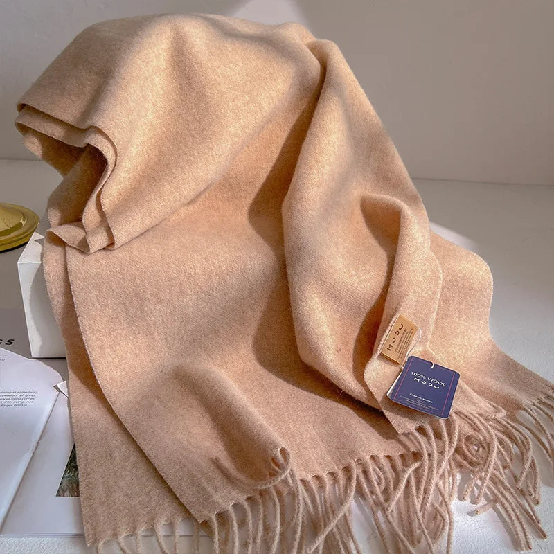 Fashion 100% Wool Scarf Soft Solid Color Scarf for Women Versatile Warm Winter Scarf Thicken Knitted Shawl Simple Tassel Scarves