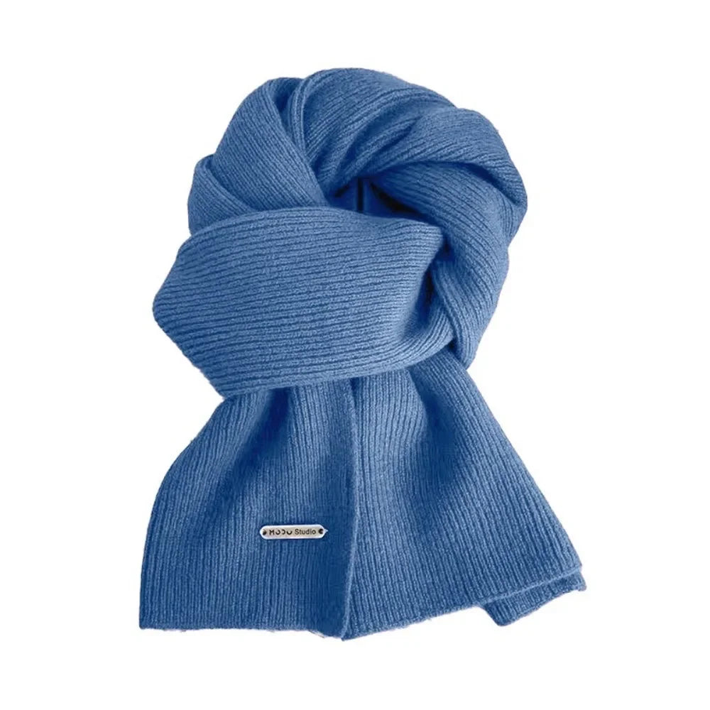 New Korean Style Thick Warm Metal Logo Long Scarf Winter Knitted Solid Color Womens Scarf