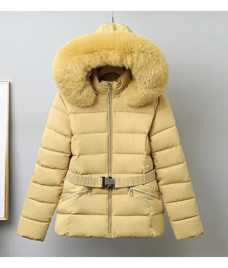 Winter Large Fur Coat Women With Belt Hooded Fur Collar Puffer Jacket Women New Warm Loose Parka Ladies Cotton Padded Overwear