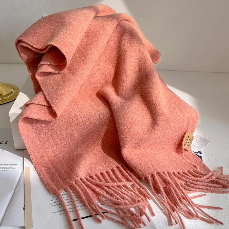 Fashion 100% Wool Scarf Soft Solid Color Scarf for Women Versatile Warm Winter Scarf Thicken Knitted Shawl Simple Tassel Scarves