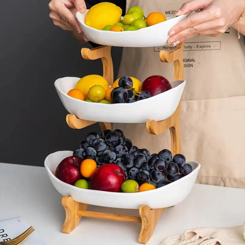 Partitioned Wooden Serving Tray, Natural Bamboo Snack & Fruit Platter for Kitchen Table, Perfect for Party, Family, Housewarming