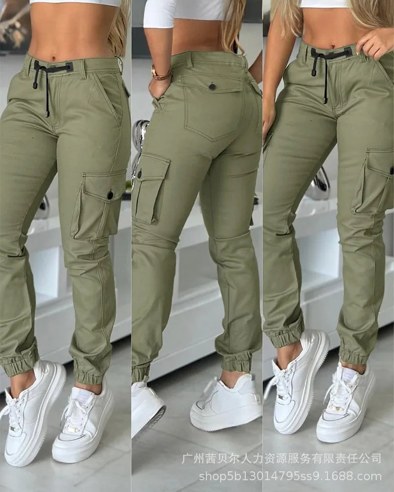 Women High Waist Multiple Pockets Design Cuffed Cargo Pants Slim Fit Trousers Pants Y2K