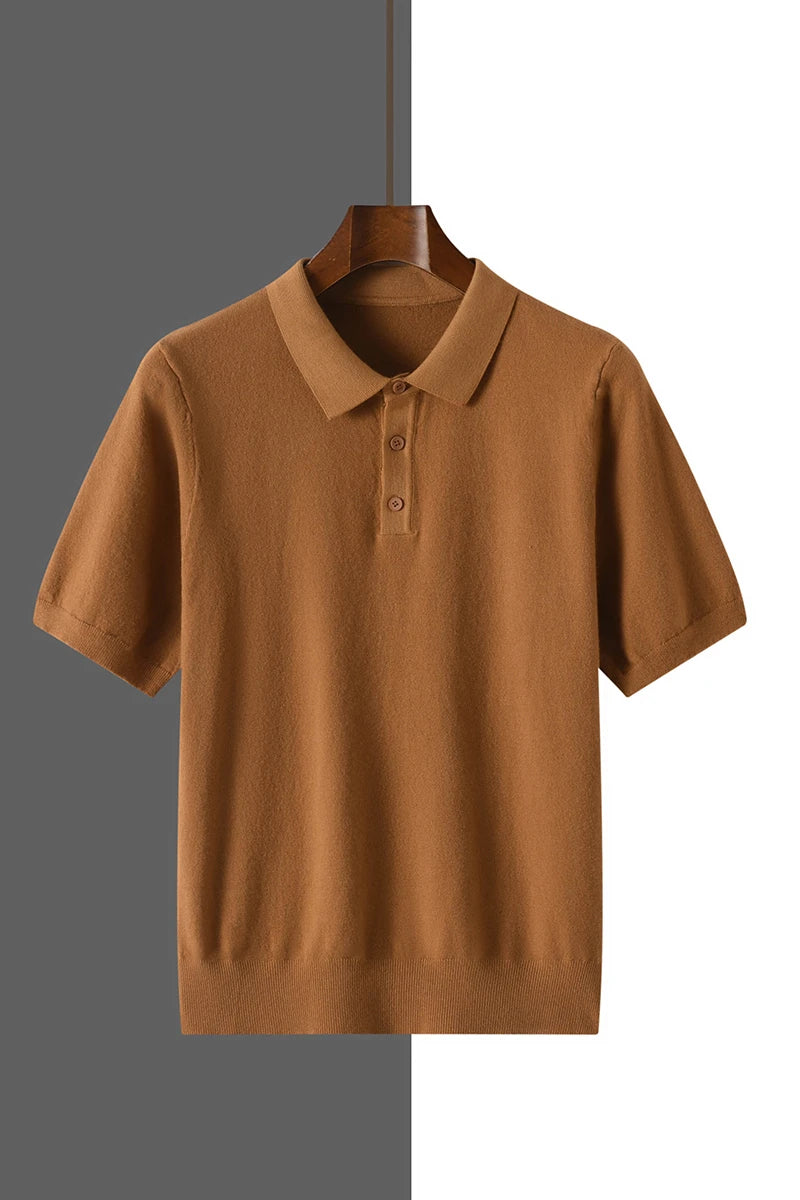 2025 Classic Polo Neck T-Shirt Pullover Men Knitwear Wool Lyocell Blend Sweater Short Sleeved Cool High-Quality Clothing Tops