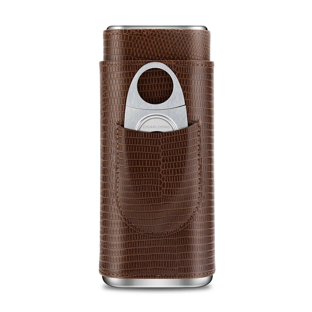 3-pack Cigar Case Luxury Portable Leather Holder Box Storage with Stainless Steel Sharp Cigar Cutter Smoking Accessories CH-24FA