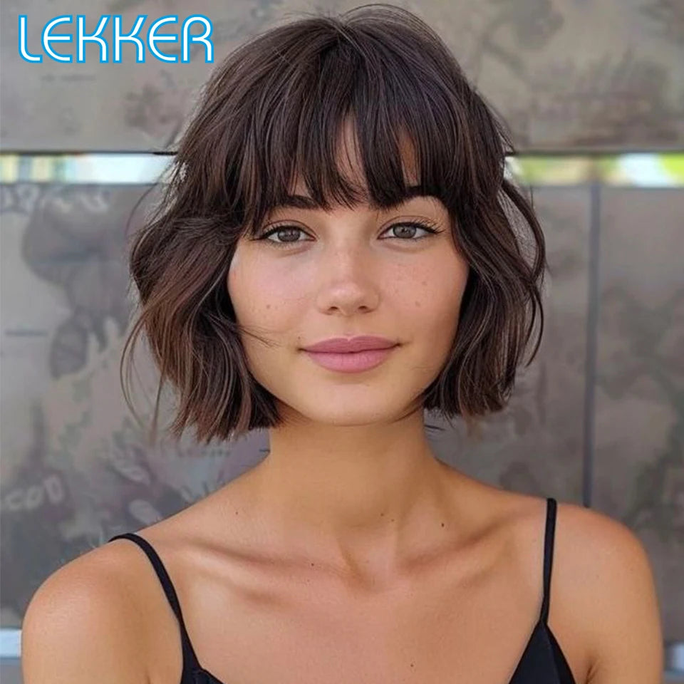 Lekker Brown Short Body Wave Bob 100% Human Hair Wigs With Bangs For Women Brazilian Remy Hair Full Machine Made Daily Bob Wigs