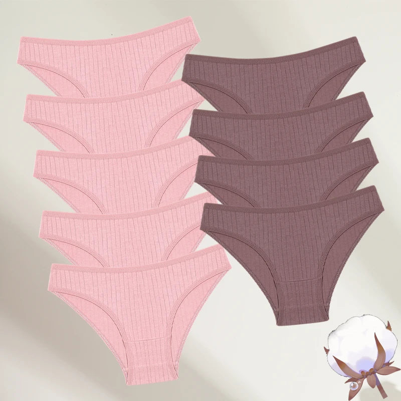 FINETOO 9PCS/SET Cotton Striped Underwear Women's Panties Sexy Soft Solid Color Briefs Female Comfortable Stretch Lingerie M-XL