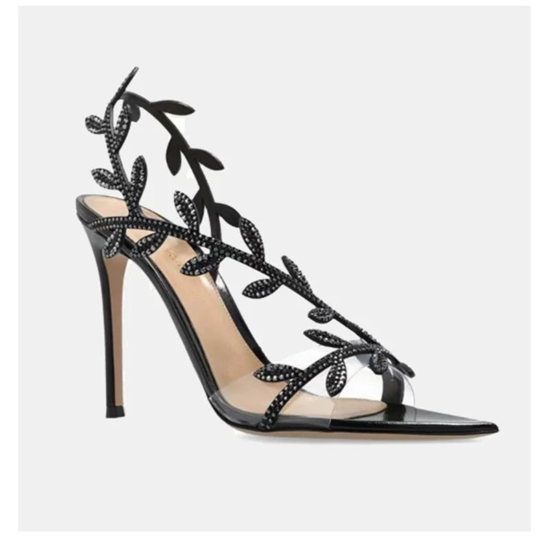 European American Pointed-Toed Rhinestone Leaves Thin Heel Sandals 2025 Spring And Autumn New Style Fashionable Elegant Party