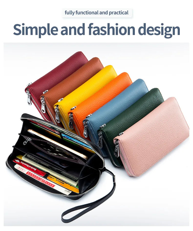 RFID Function Wallet for Women Geniune Leather Luxury Design Long Zipper Handbags Cowhide Card Bags Female Fashion Purse