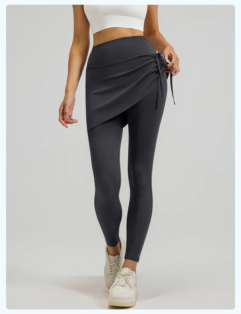 BIVIGAOS New Spring Drawstring Pleated Yoga Leggings Skirt Pants Fake Two Piece Women High Waist Elastic Sports Fitness Leggings