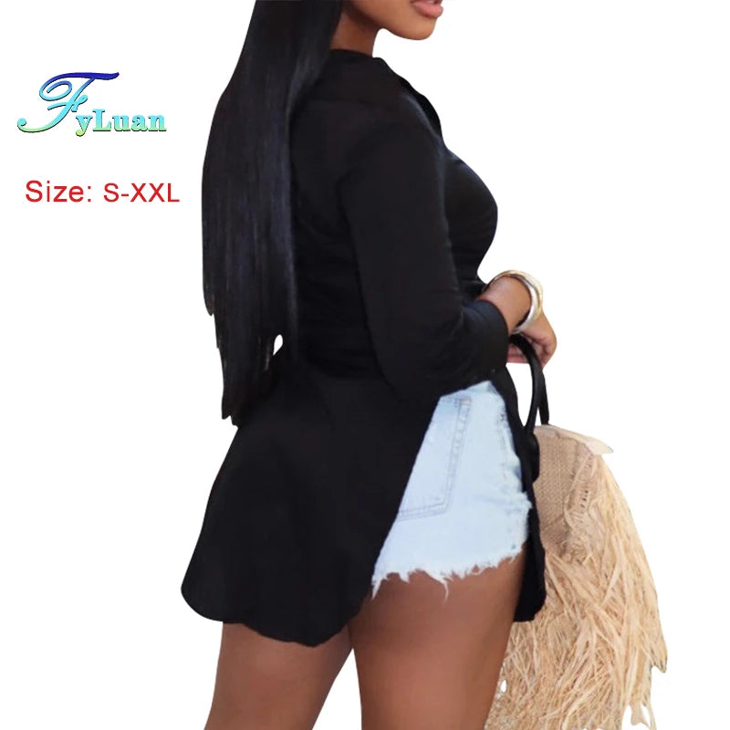 2025 New Casual Women Shirt Solid Color Turn Down Collar One Breasted Female Slit Shirt Long Sleeve Sexy Versatile Commuting Top