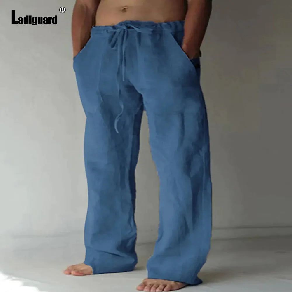 Plus Size 5xl Mens Loose Pants 2025 Summer Casual Linen Pants Male Fashion Print Trouser Men Patchwork Drawstring Leisure Pant