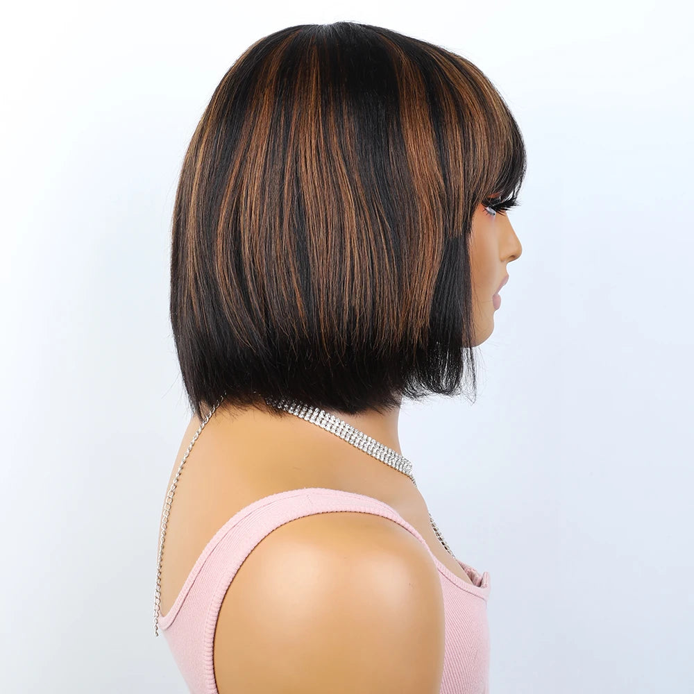 Brazilian Short Straight Hair Bob Wigs Human Hair Wig With Bangs Remy Full Machine Made Wig for Women Brown Honey Color Bob Wig