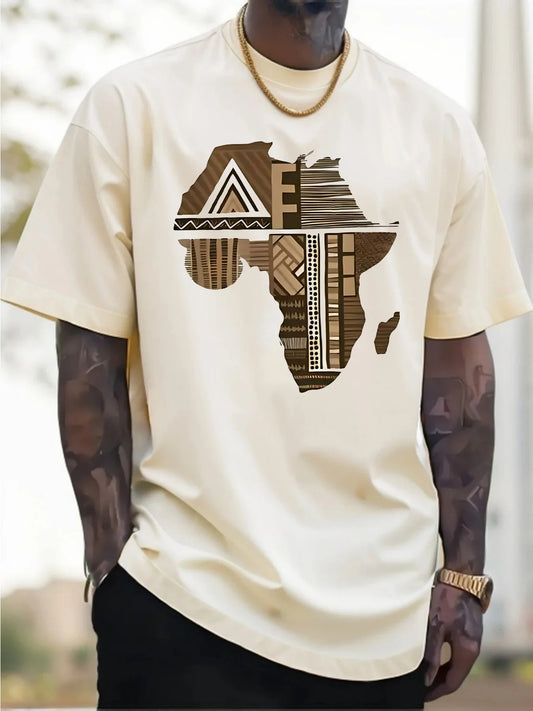 Men'S Plus Size White T-Shirt with Africa-Inspired Golden Print -  Comfort Fit Lightweight Breathable