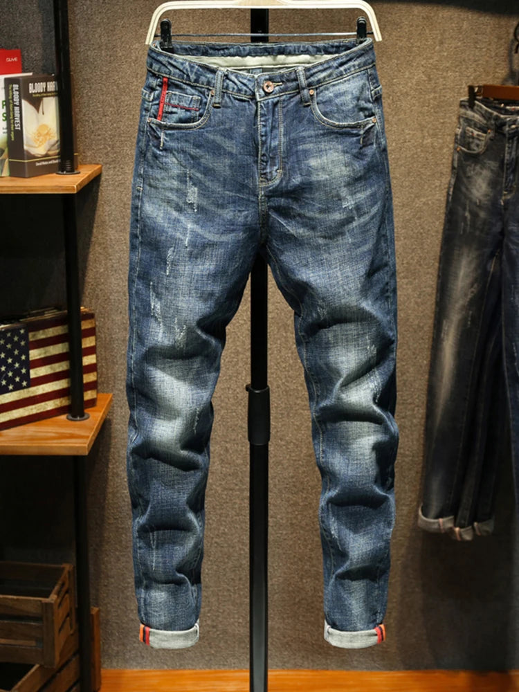 KSTUN Jeans Men New Arrivals Autumn Winter Direct Straight Retro Blue Stretch Vintage Casaul Streetwear Moto Biker Jeans Size 40