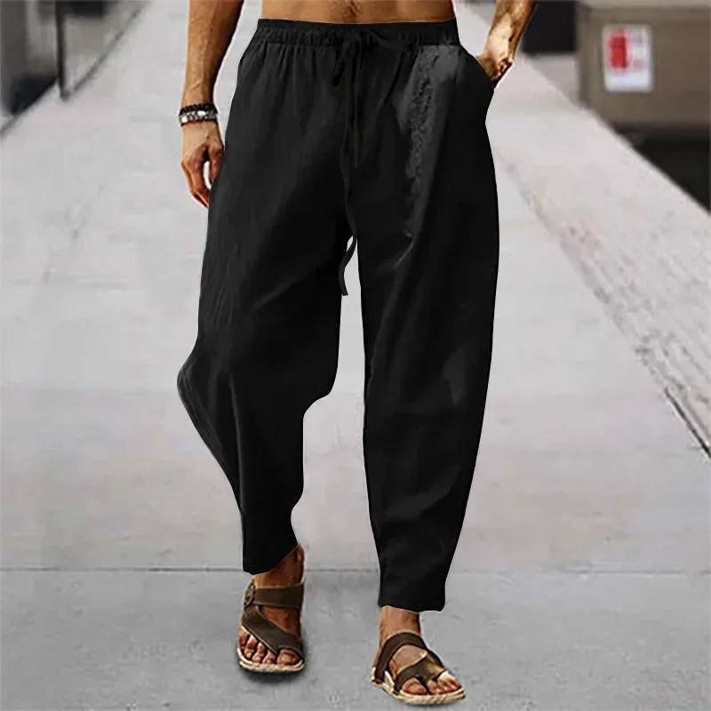 2026 Men Cotton Linen Pants Summer and Autumn Solid High Waist Wide-Leg Trousers Male Loose Hemp Casual Breathable Sports Pants