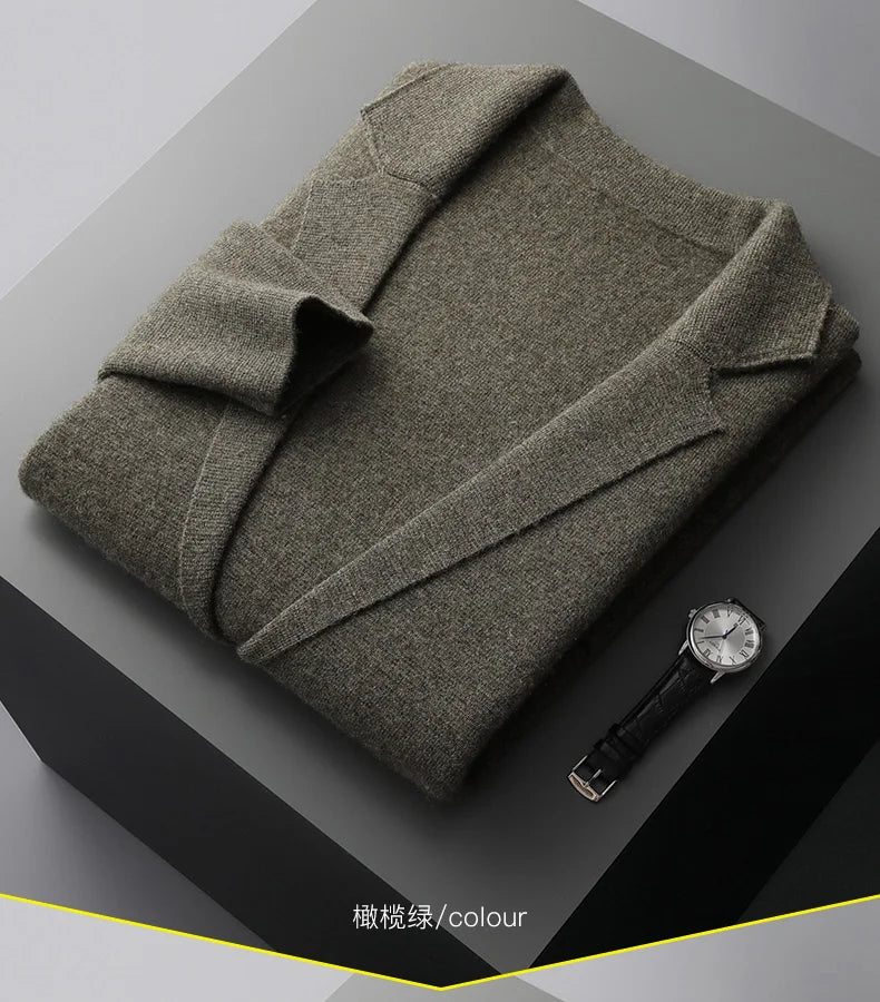 100% Pure Wool Cardigan Men's Spring And Autumn High-End Outerwear Sweater Casual Small Suit Jacket Olive Collar Sweater