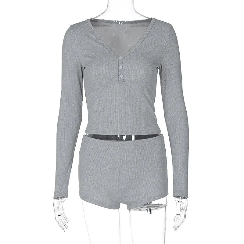 2025 Women 2 Piece Pajamas Shorts Set Long Sleeve V Neck Button Down Cropped Tops Sexy Bodycon Shorts Loungewear Clothes Females