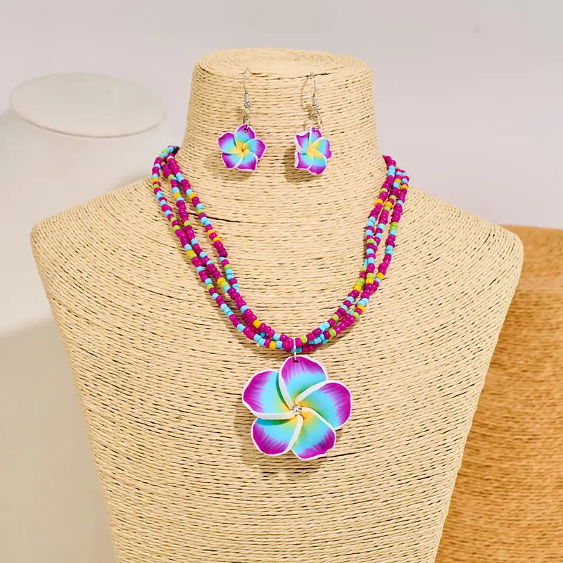 Egg Flower Earrings Necklaces Set Pendant Bohemia Flower Necklaces Earrings Drop Earrings Choker Vacation Style Jewelry Girl
