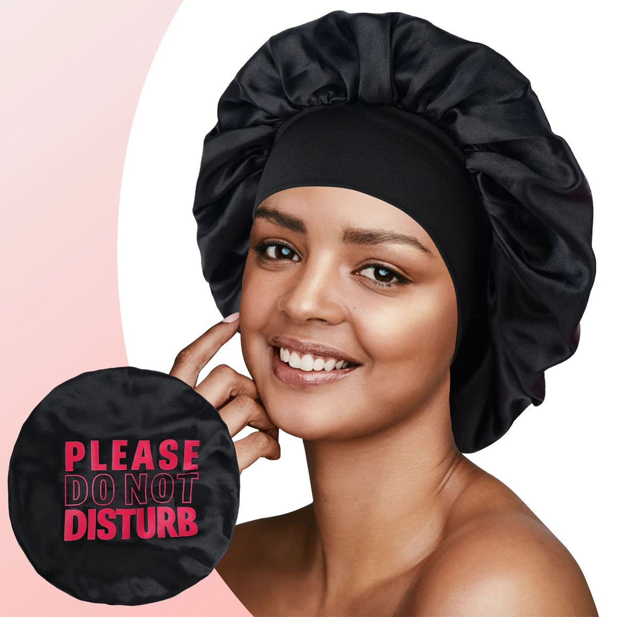 1pc Women's Satin Sleep Cap with Funny Words Print, Elastic Wide Brim Soft Bonnet for Sleeping and Daily Use, Protects Wig & Hai