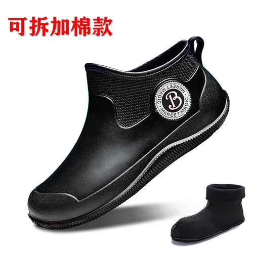 Fashion Rain Boots Men's Short Delivery Riders Galoshes Plus Cotton Waterproof Winter Shoes