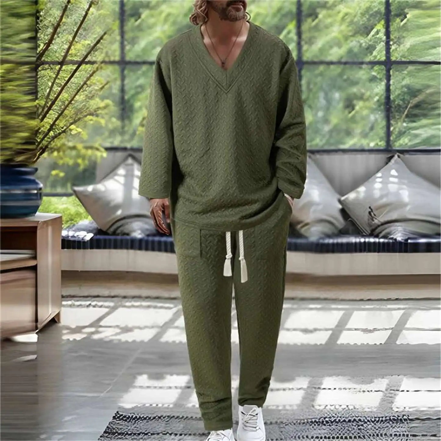 European American Autumn Casual Men's Textured Texture Solid Color V-neck Pullover Short Sleeve Drawstring Pocket Trousers Set