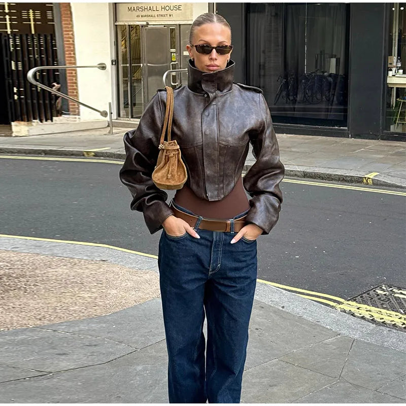 Fashion Lapel Leather Jacket Women's Full Sleeve Slim Solid Zippers Coat 2026 Spring New Lady Edgy Casual High Street Outerwear