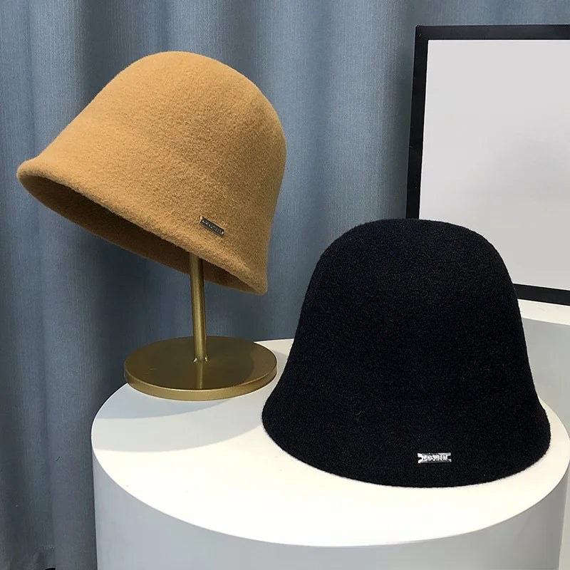 Retro Wool Bucket Hat for Women Autumn Winter Warm Fisherman Hat Outdoor Rock Climbing Warm Woolen Basin Hat