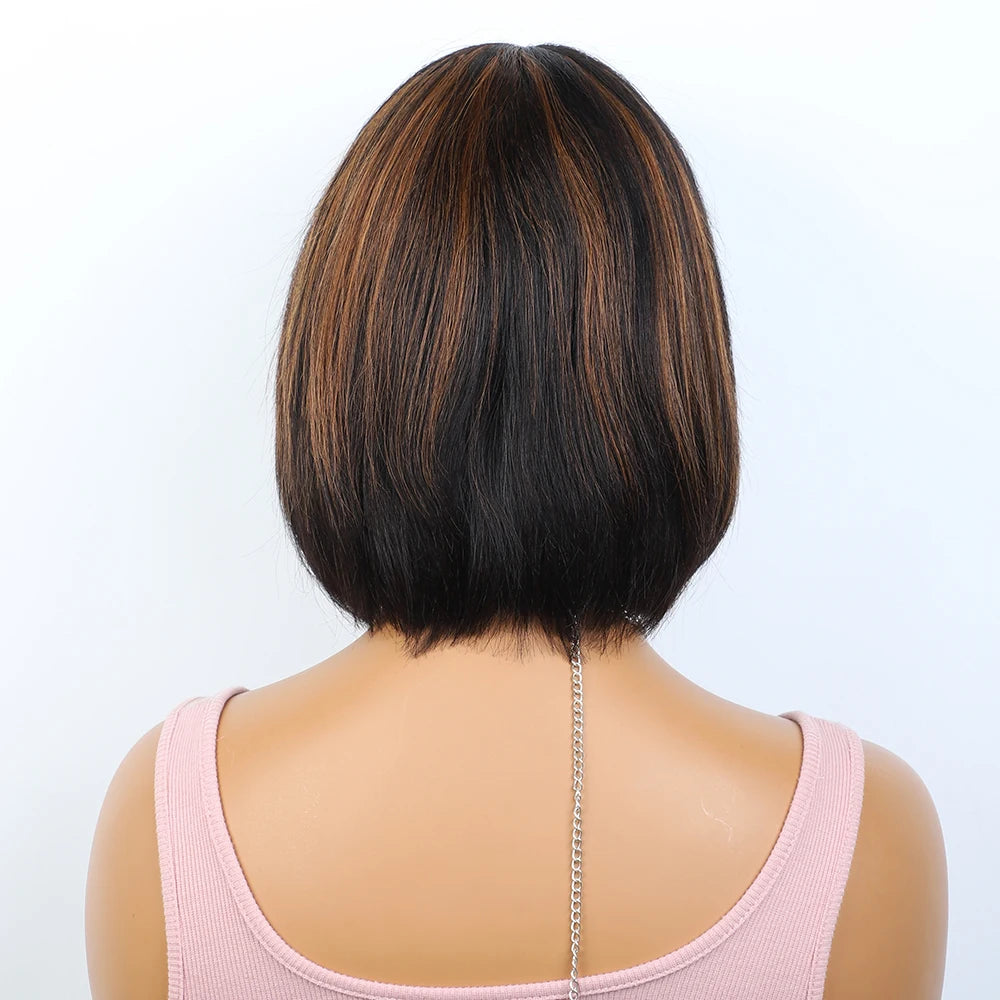 Brazilian Short Straight Hair Bob Wigs Human Hair Wig With Bangs Remy Full Machine Made Wig for Women Brown Honey Color Bob Wig