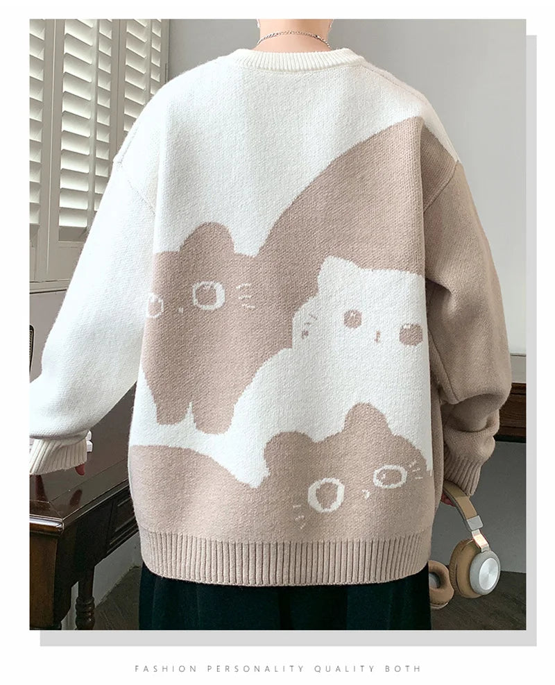 Winter Men's Anime Cat Jacquard Crewneck Knitted Sweaters Hip Hop Fashion Graphic Printed Y2K Jumpers Streetwear Knit Pullovers