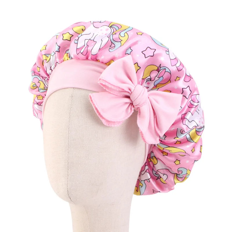 Adjustable Silky Satin Cap  Cartoon Baby Kids Print Satin Bonnet Sleep Hat Cap for Curly Hair