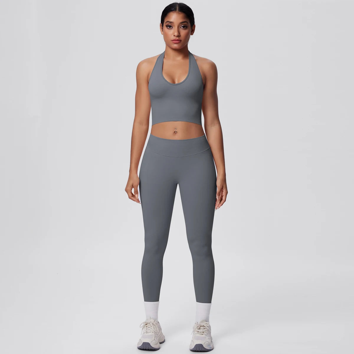 Solid Color Backless Breathable 2pieces Set for Woman High Strength Training Yoga Set Hanging Neck Bra Gym Push Up Fitness Pants