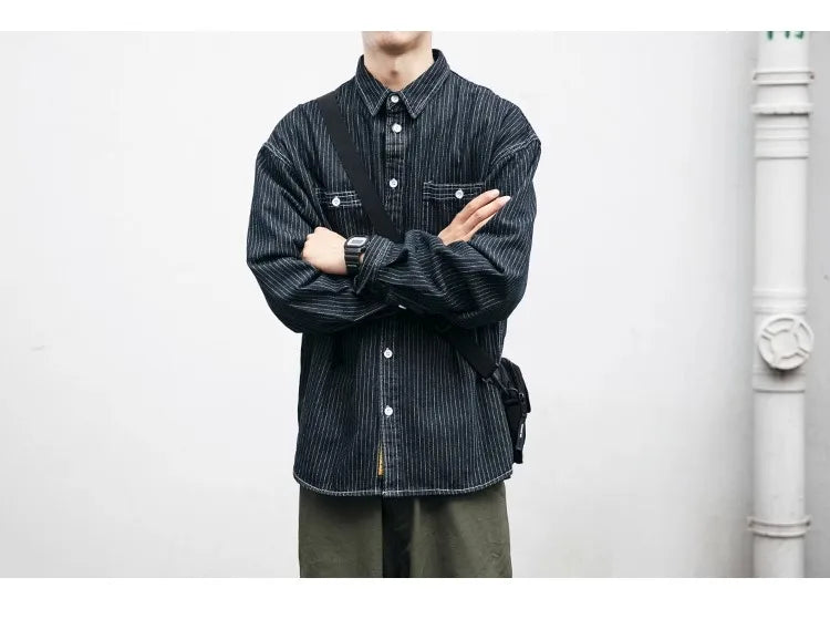 Retro Striped Loose Fit Long Sve Collared Men's Denim irt Spring Faion Workwear Jaet Youthful Wear Resistant Chinese...